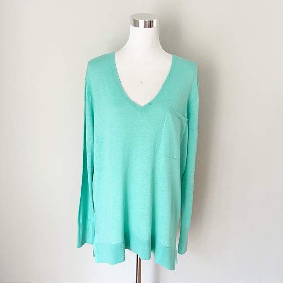 Caslon Cotton/Modal Teal Ripple Back Zip V-Neck Thin Sweater Large - Picture 1 of 5